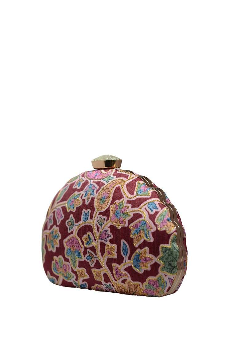 Maroon Satin Embroidered Box Clutch - Indya