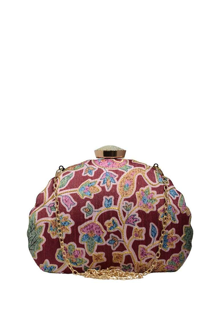 Maroon Satin Embroidered Box Clutch - Indya