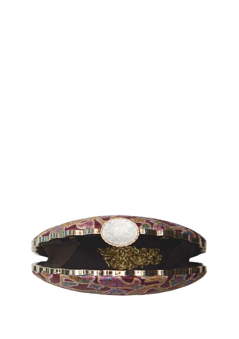 Maroon Satin Embroidered Box Clutch - Indya