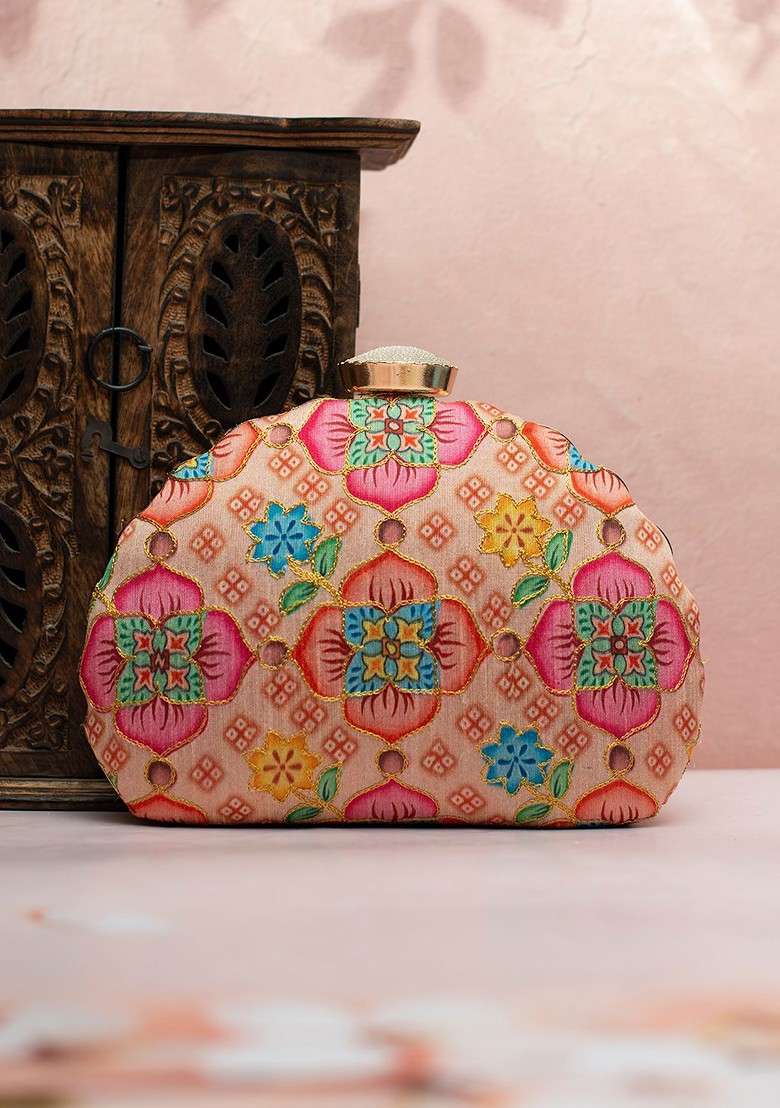 Beige Fabric Floral Printed Box Clutch - Indya