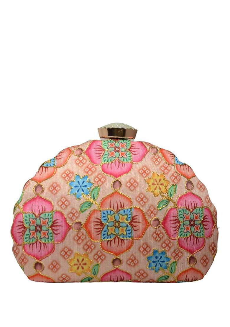 Beige Fabric Floral Printed Box Clutch - Indya