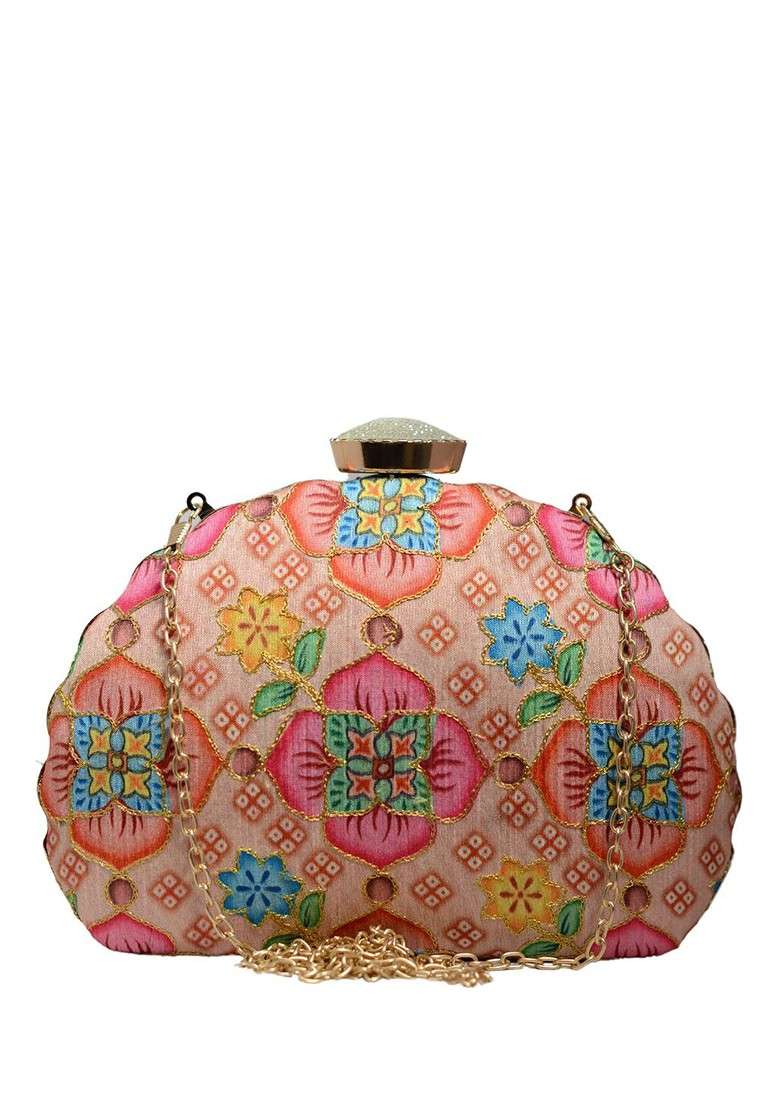 Beige Fabric Floral Printed Box Clutch - Indya