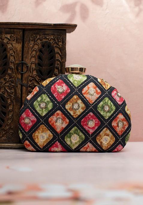 Black Satin Embroidered Box Clutch