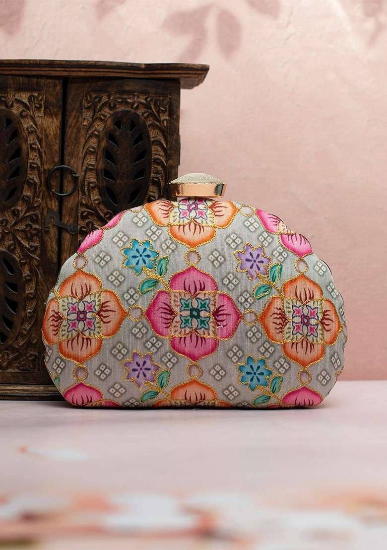 Grey Fabric Floral Printed Embroidered Half Moon Clutch - Indya