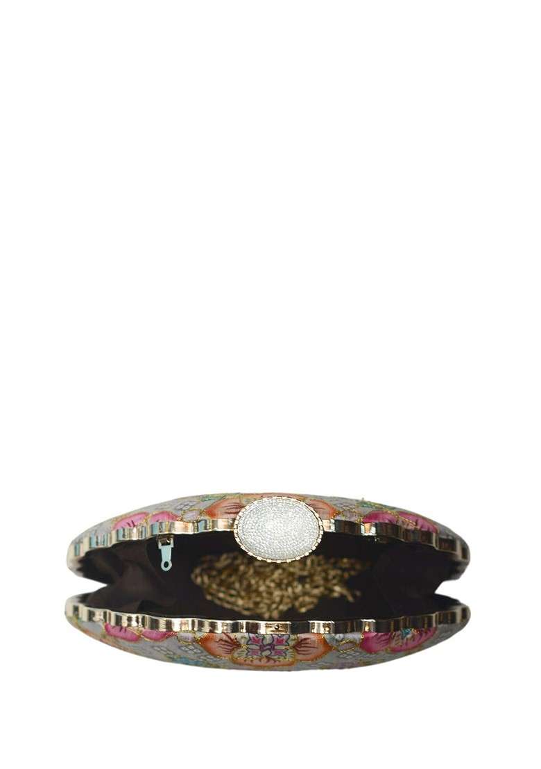 Grey Fabric Floral Printed Embroidered Half Moon Clutch - Indya