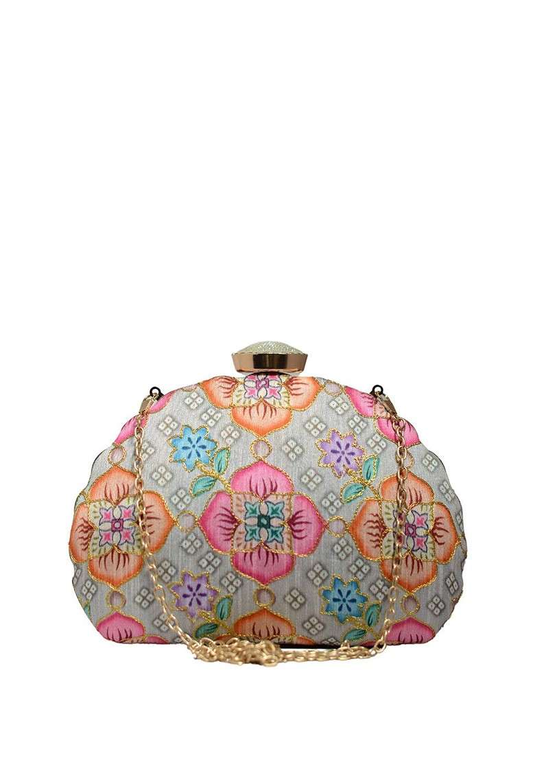 Grey Fabric Floral Printed Embroidered Half Moon Clutch - Indya