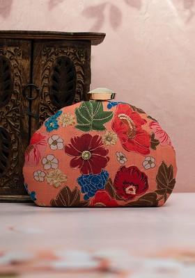 Orange Satin Embroidered Zari Box Clutch