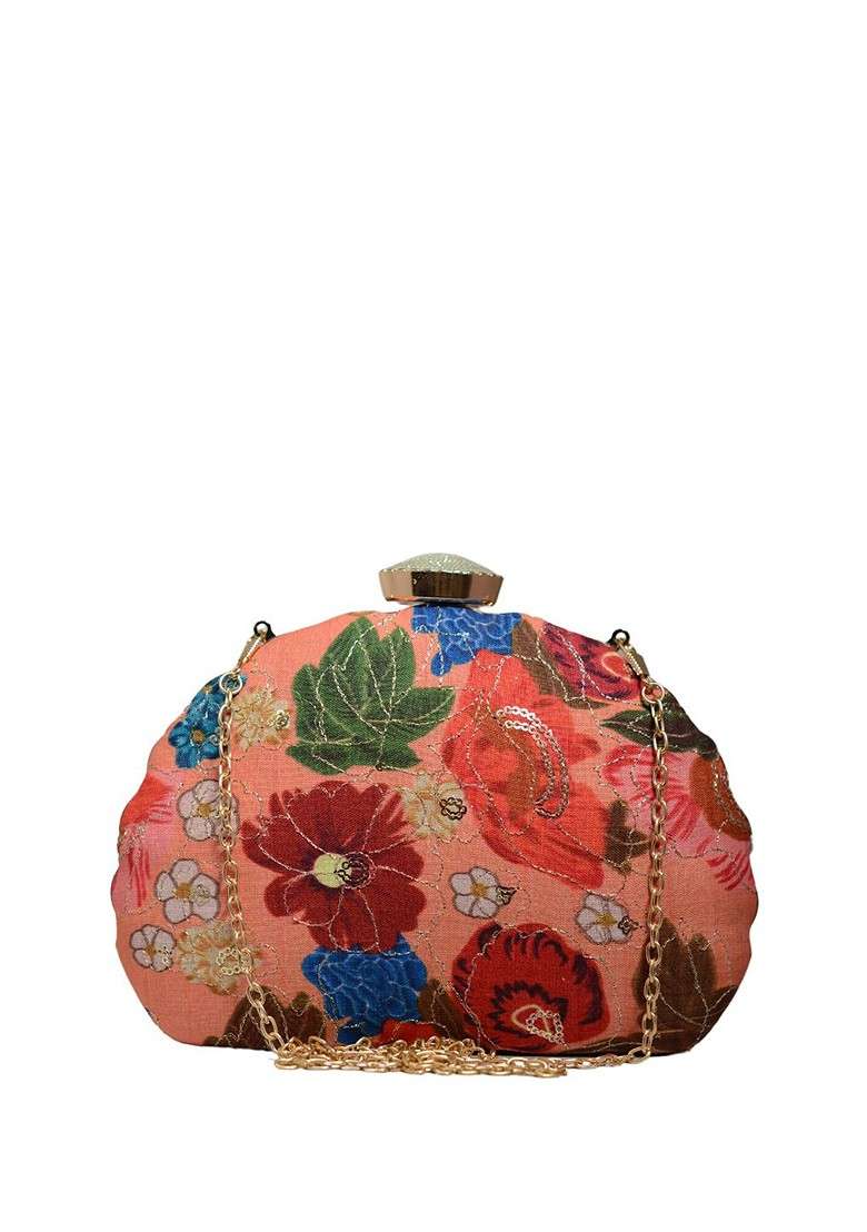 Orange Satin Embroidered Zari Box Clutch - Indya