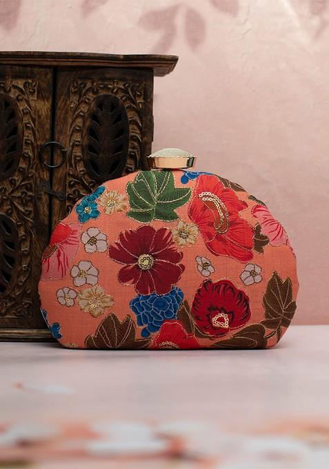 Orange Satin Embroidered Zari Box Clutch