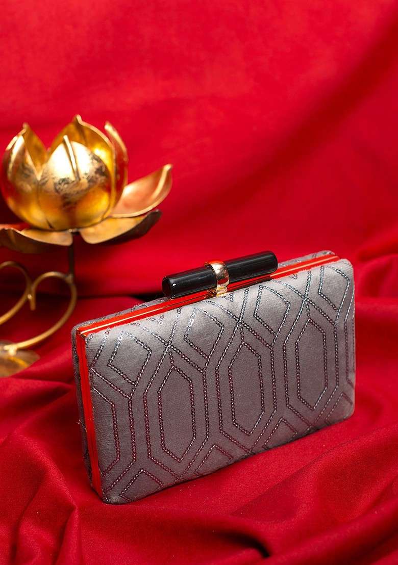 Grey Satin Embroidered Box Clutch - Indya