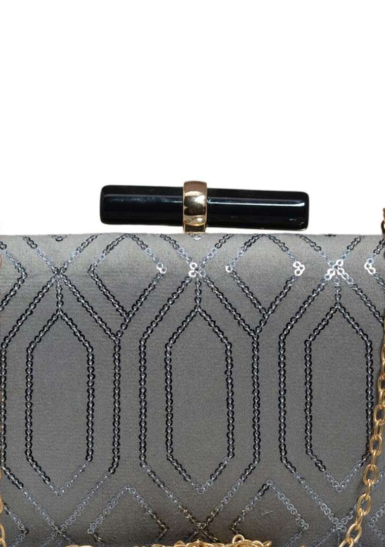 Grey Satin Embroidered Box Clutch - Indya