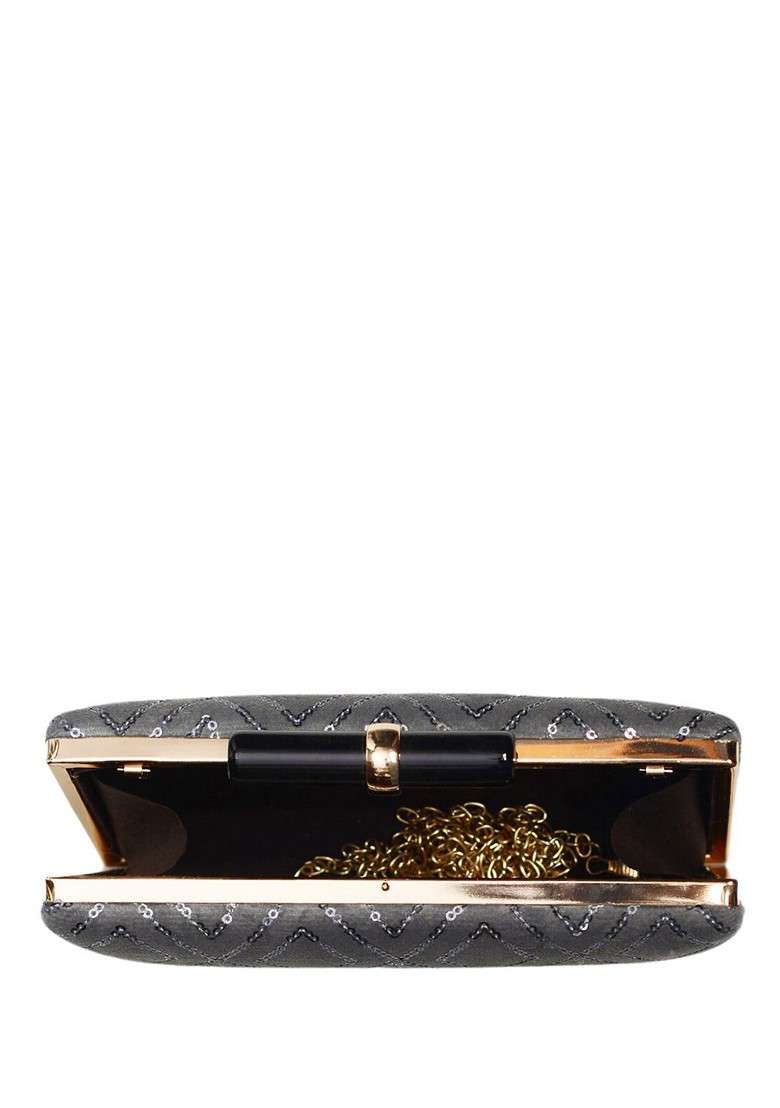 Grey Satin Embroidered Box Clutch - Indya