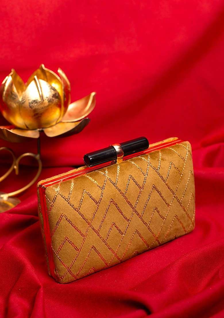 Gold Satin Embroidered Box Clutch - Indya