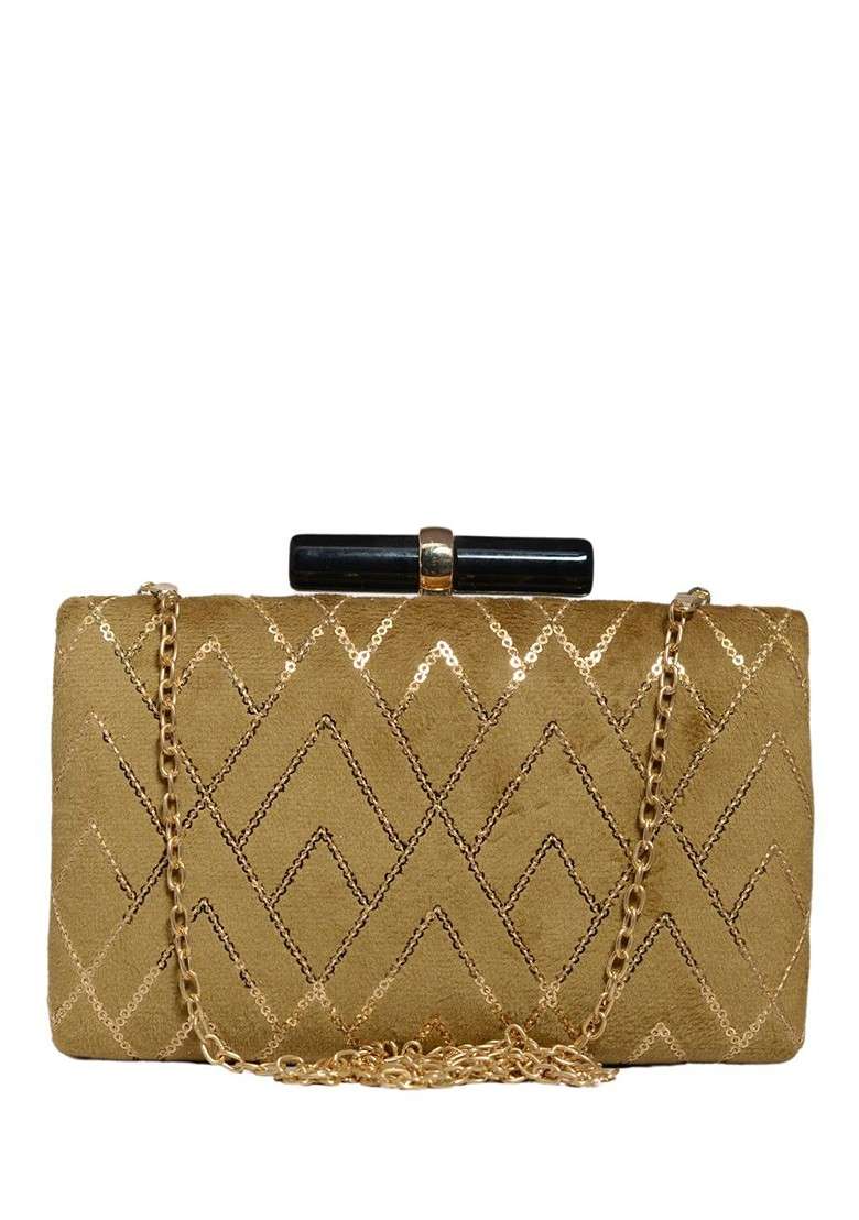 Gold Satin Embroidered Box Clutch - Indya