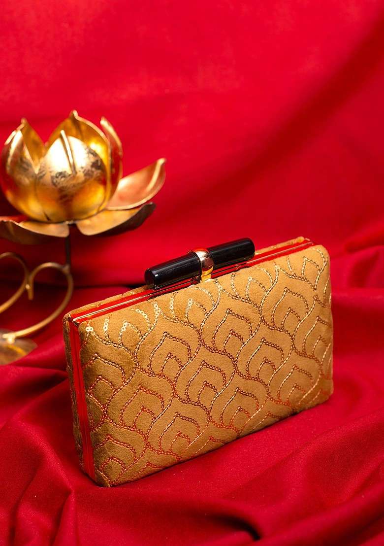 Gold Satin Embellished Box Clutch - Indya