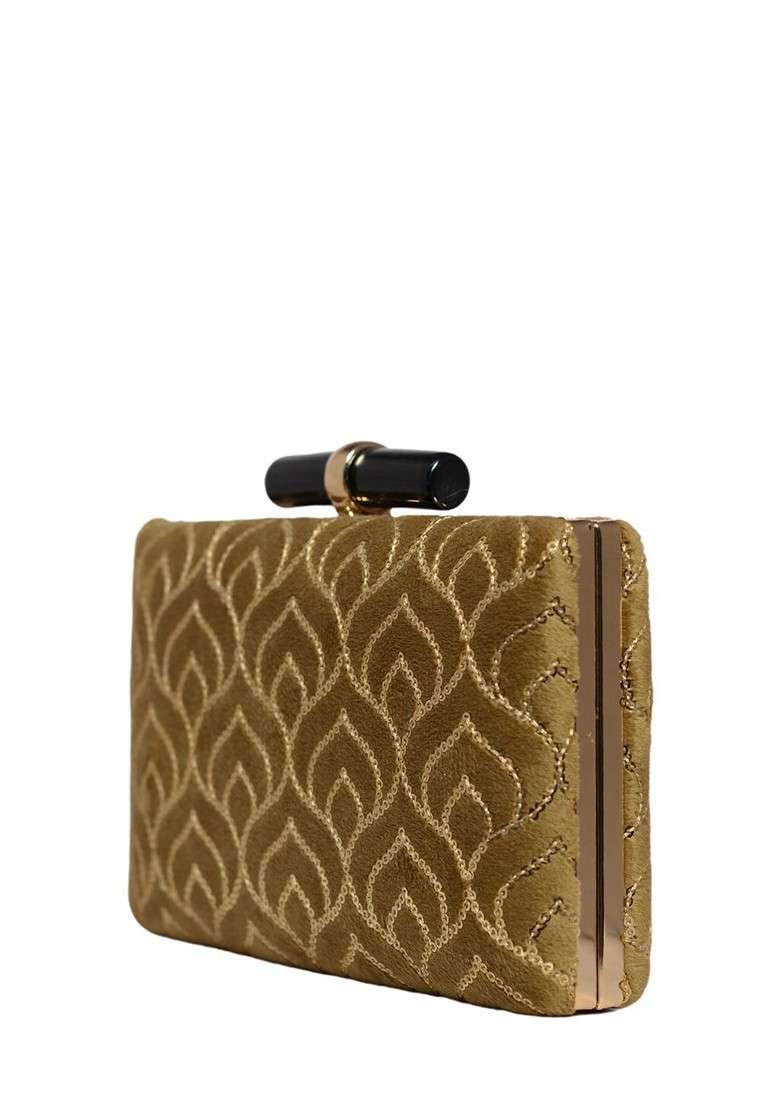 Gold Satin Embellished Box Clutch - Indya
