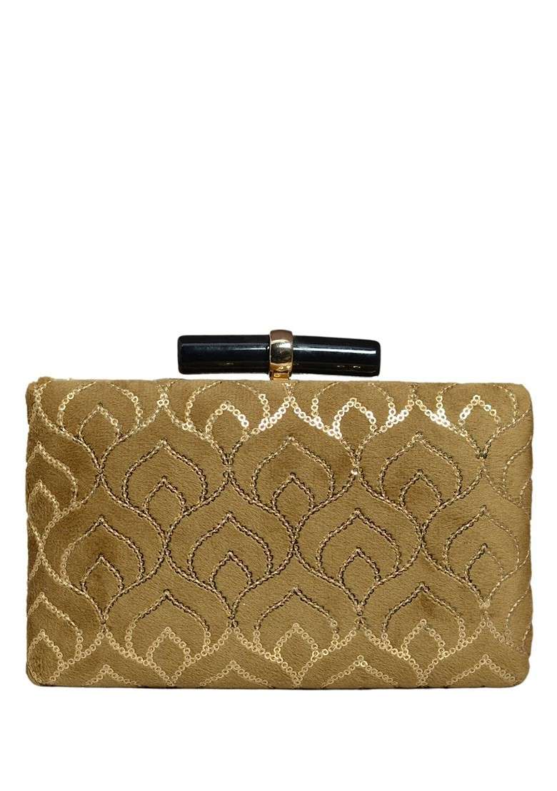 Gold Satin Embellished Box Clutch - Indya