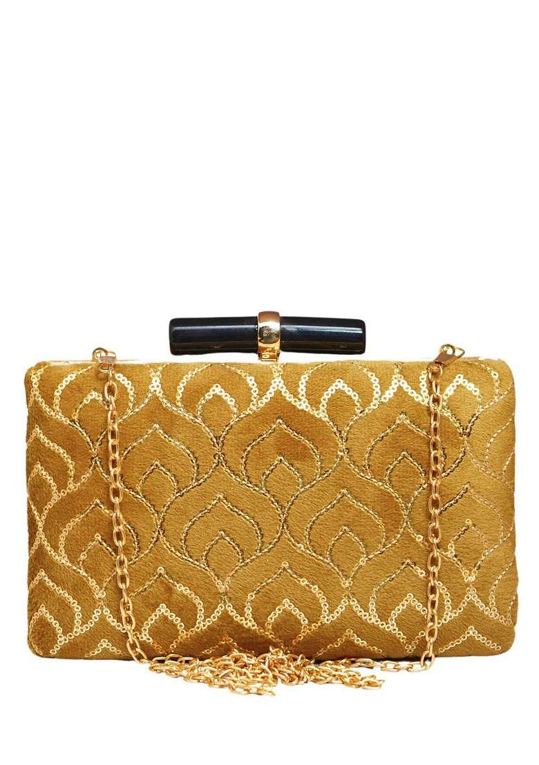 Gold Satin Embellished Box Clutch - Indya