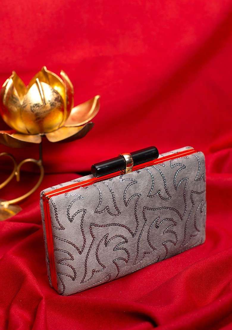 Grey Satin Embellished Box Clutch - Indya