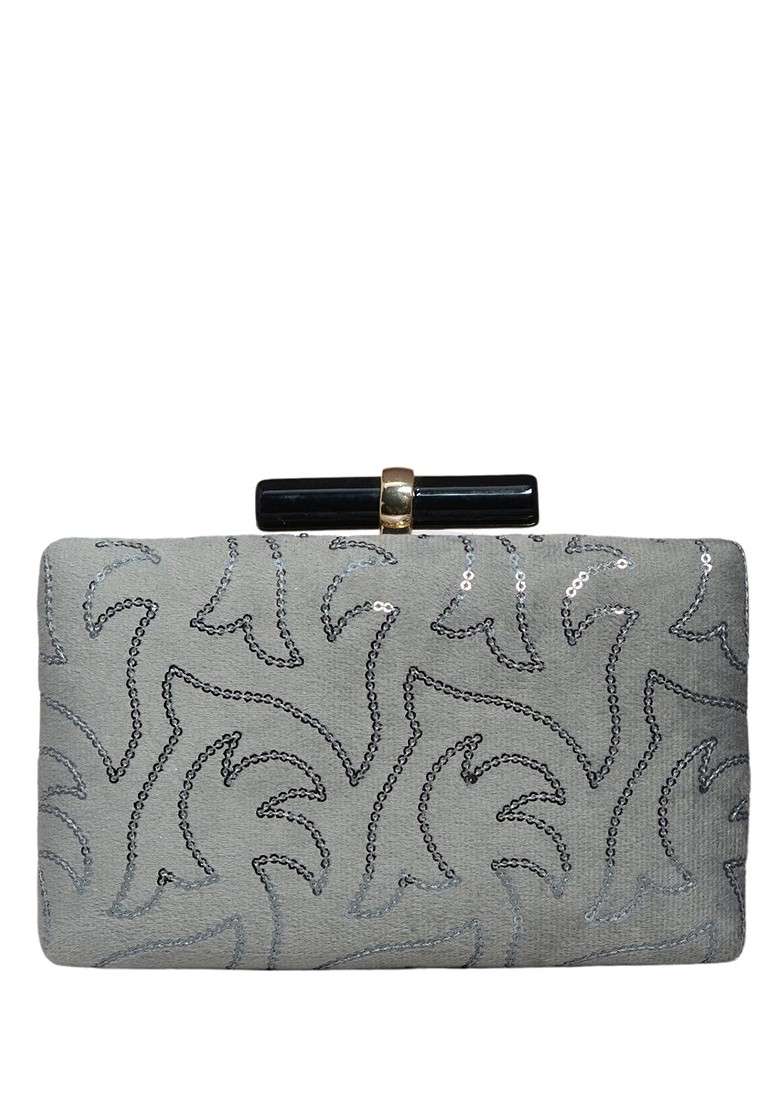 Grey Satin Embellished Box Clutch - Indya