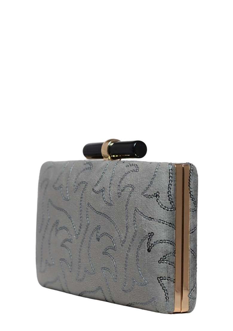 Grey Satin Embellished Box Clutch - Indya