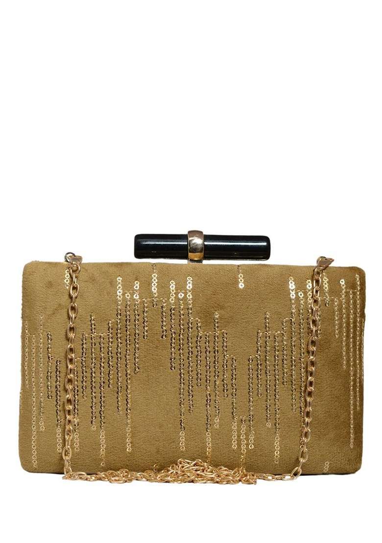 Gold Satin Embroidered Box Clutch - Indya