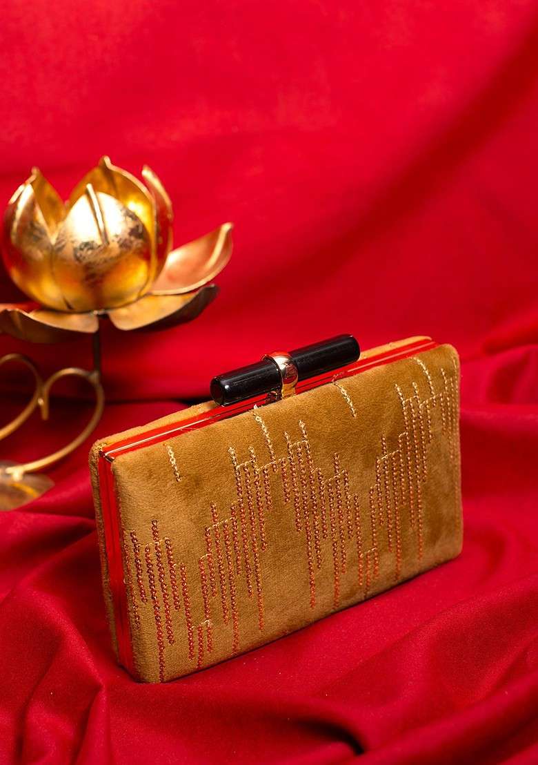 Gold Satin Embroidered Box Clutch - Indya