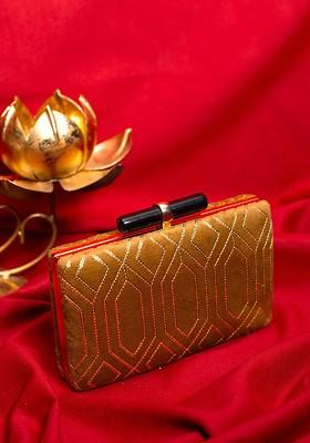 Gold Satin Embroidered Box Clutch