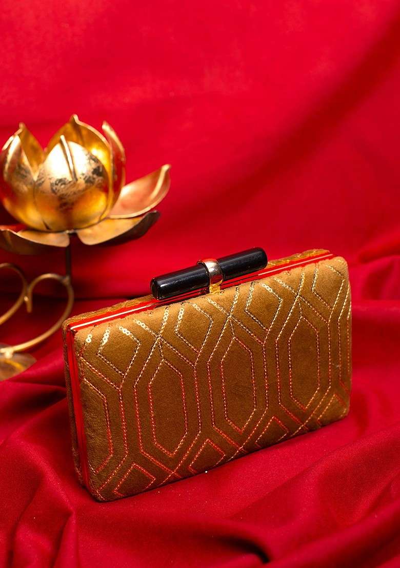 Gold Satin Embroidered Box Clutch - Indya