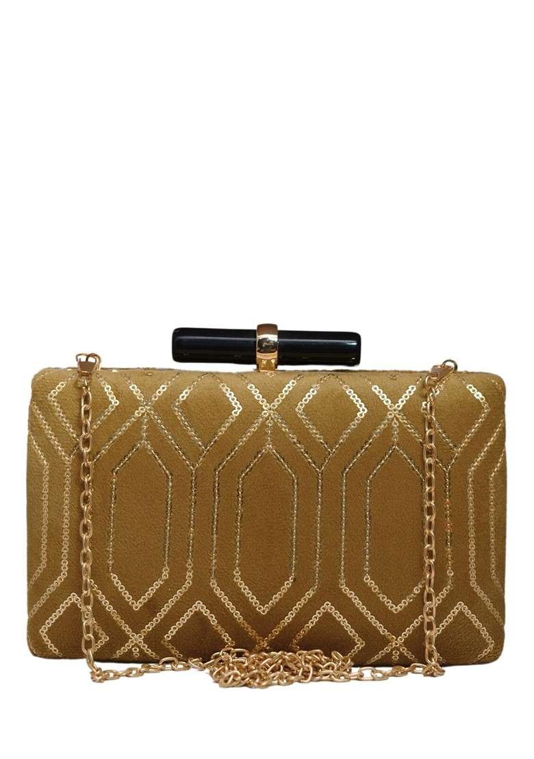 Gold Satin Embroidered Box Clutch - Indya