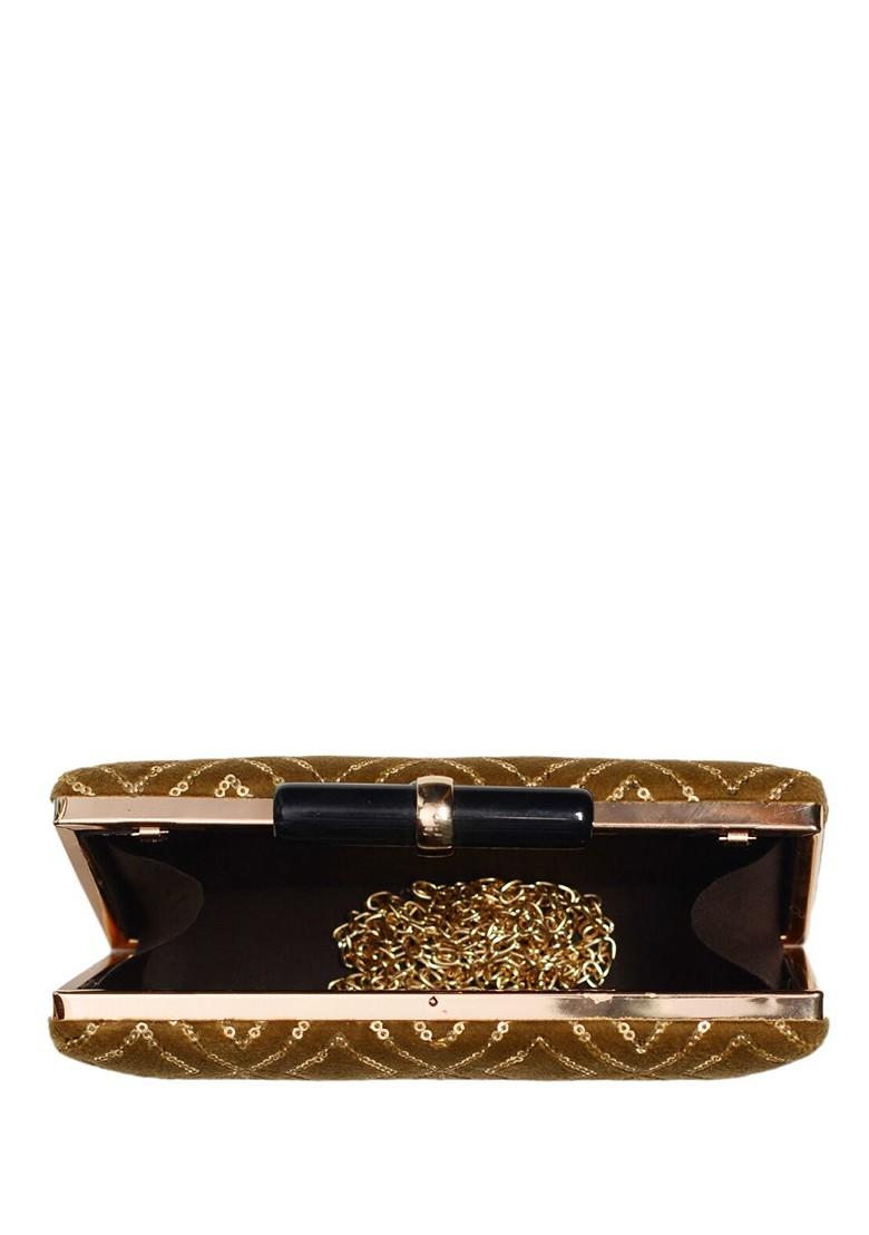 Gold Satin Embroidered Box Clutch - Indya