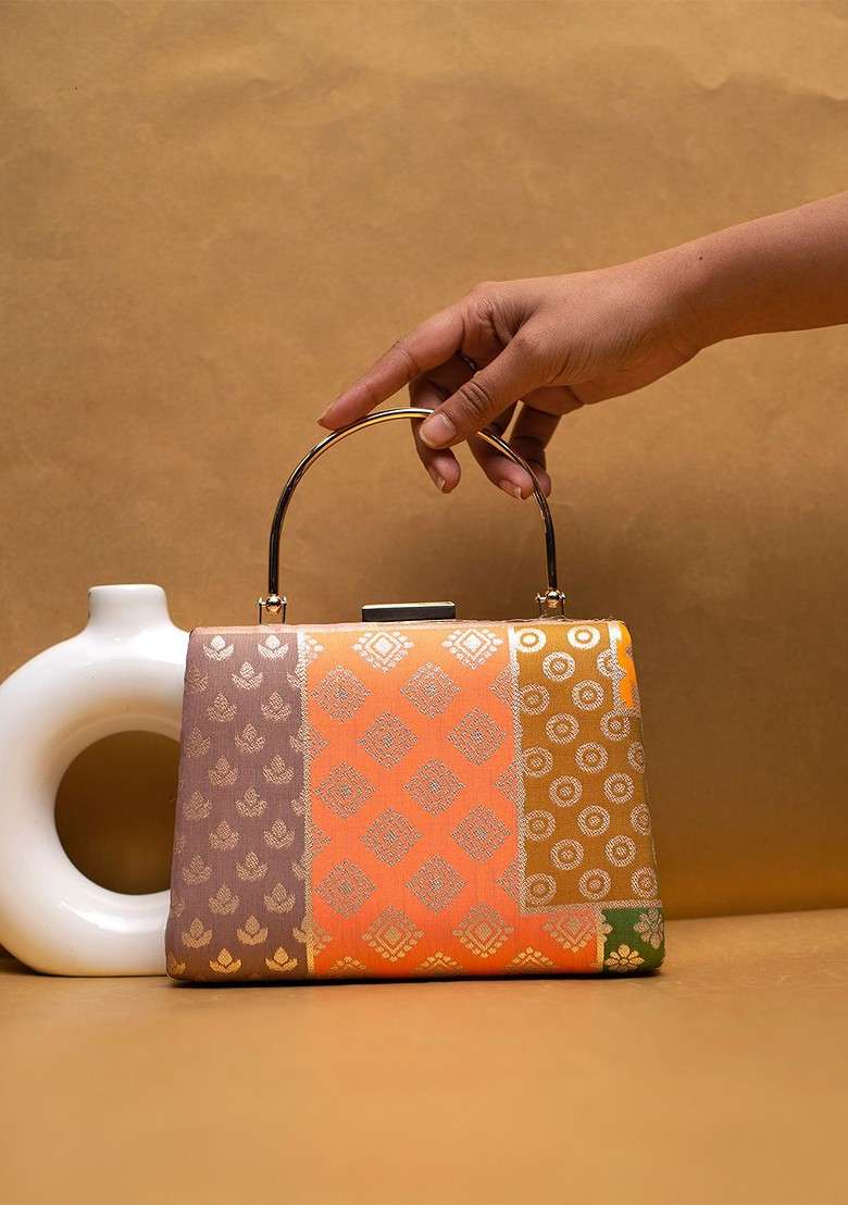 Orange Satin Woven Design Box Clutch - Indya