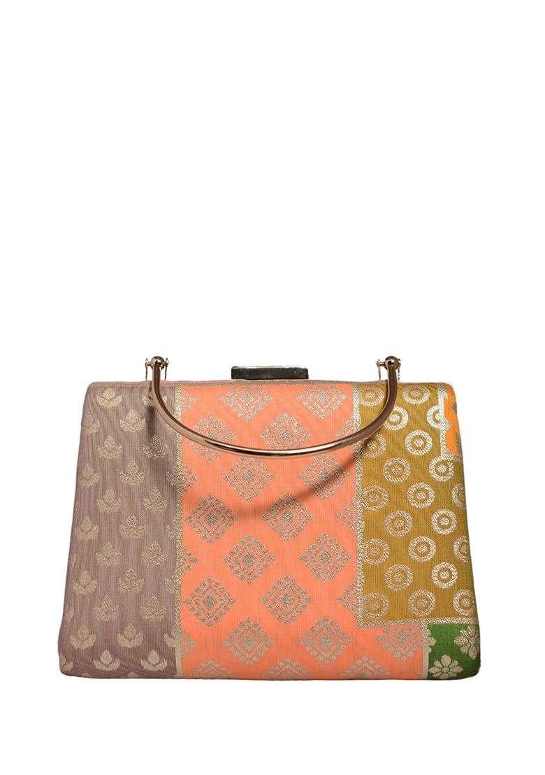 Orange Satin Woven Design Box Clutch - Indya