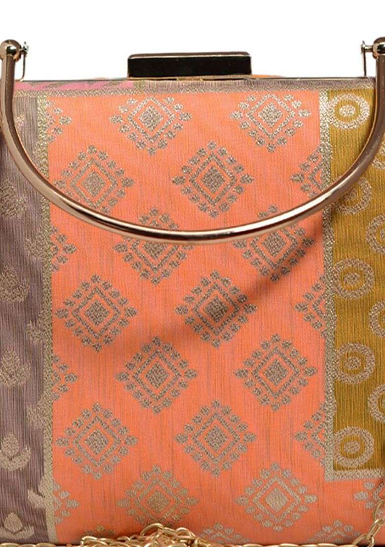 Orange Satin Woven Design Box Clutch - Indya