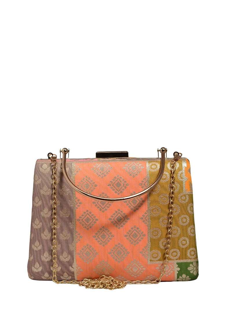 Orange Satin Woven Design Box Clutch - Indya