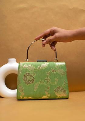 Green Satin Embroidered Box Clutch