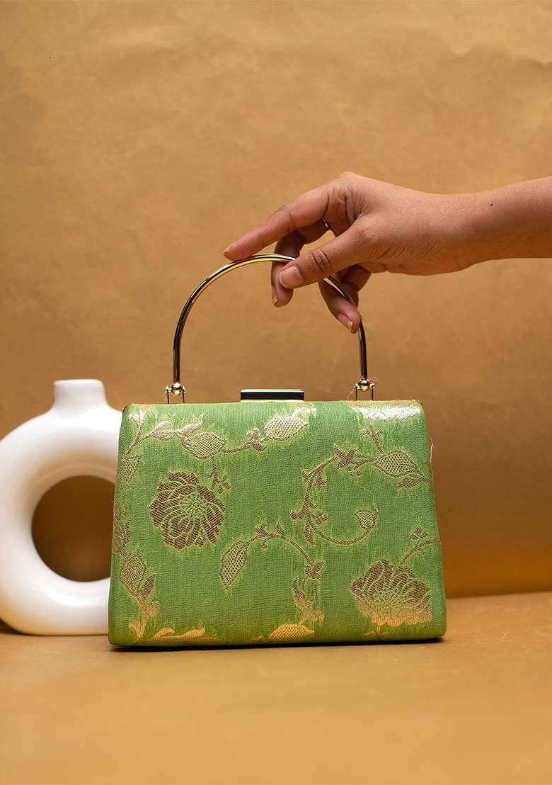 Green Satin Embroidered Box Clutch - Indya