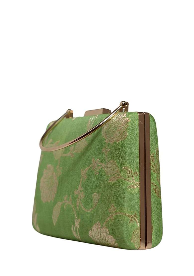 Green Satin Embroidered Box Clutch - Indya
