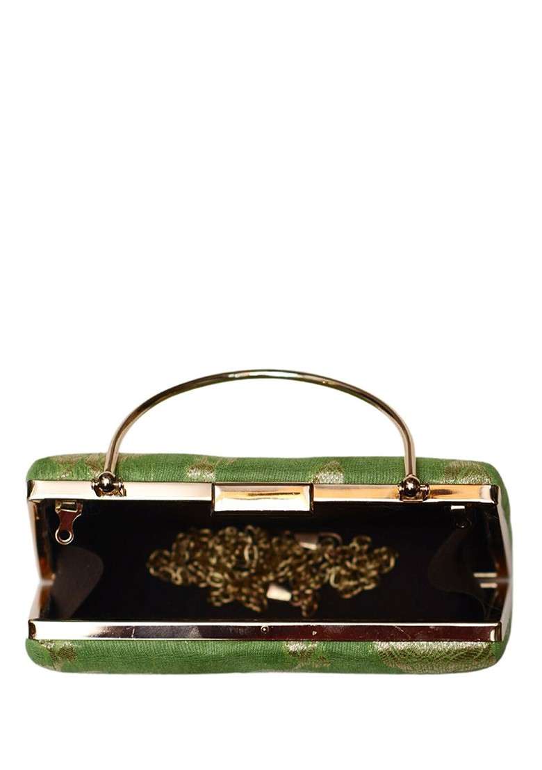 Green Satin Embroidered Box Clutch - Indya