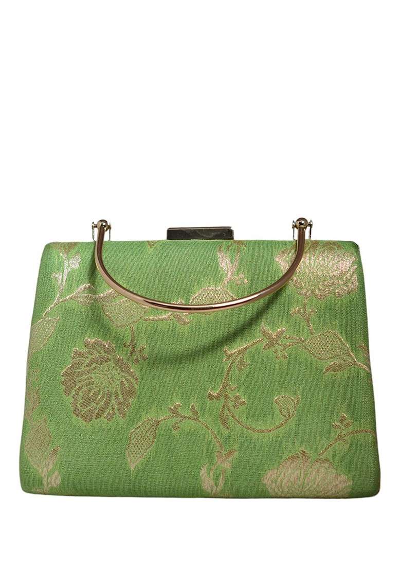 Green Satin Embroidered Box Clutch - Indya