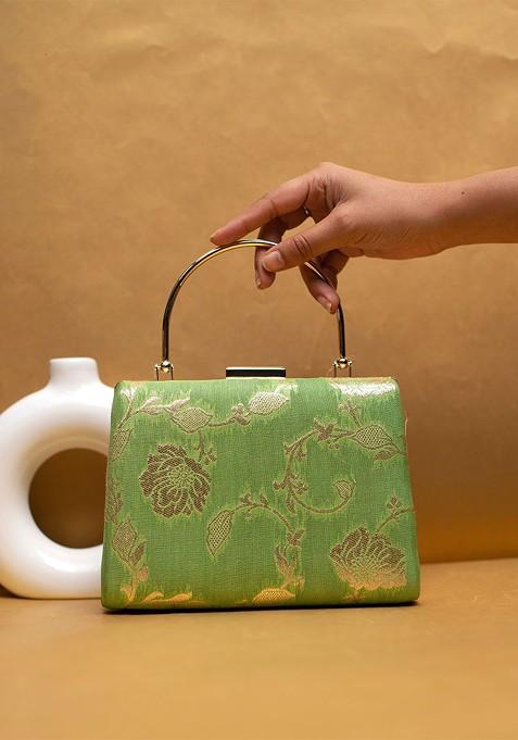Green Satin Embroidered Box Clutch
