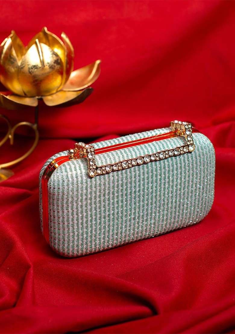 Grey Satin Embellished Box Clutch - Indya