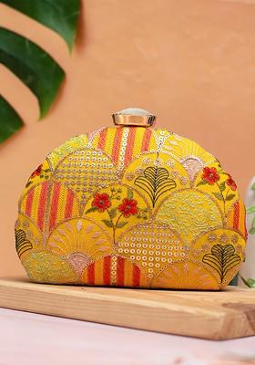 Mustard Satin Embroidered Half Moon Clutch