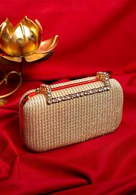 Beige Satin Embellished Box Clutch