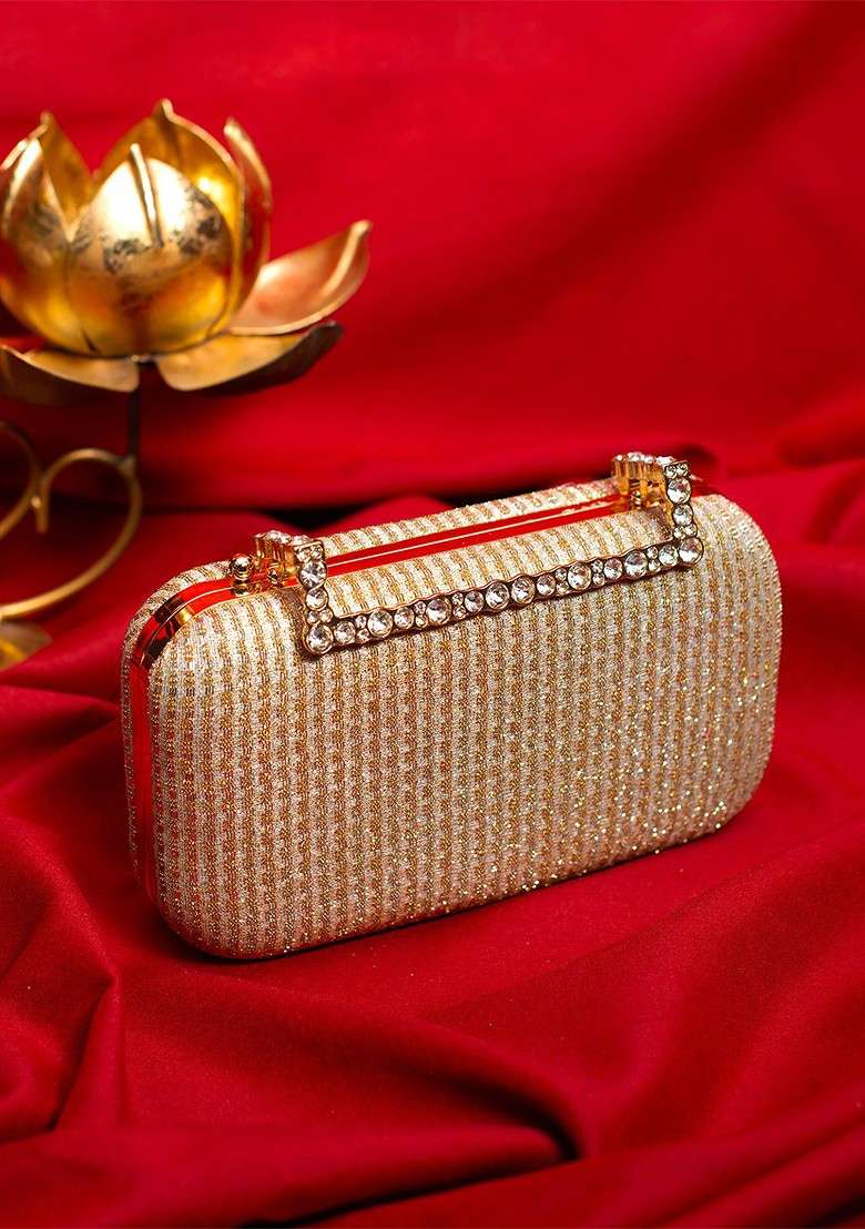 Beige Satin Embellished Box Clutch - Indya