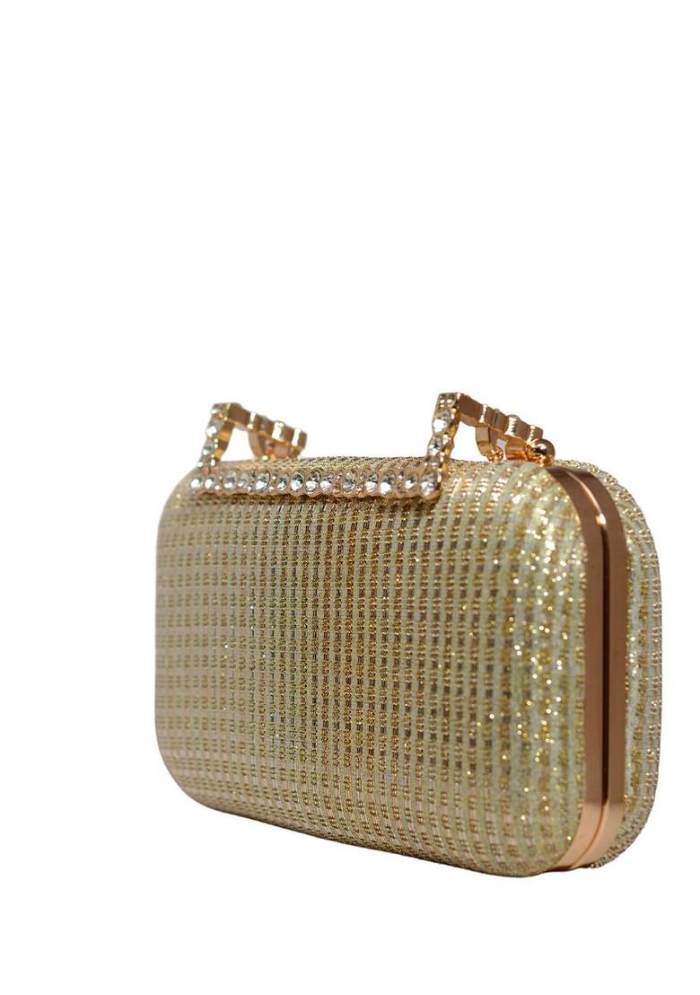Beige Satin Embellished Box Clutch - Indya