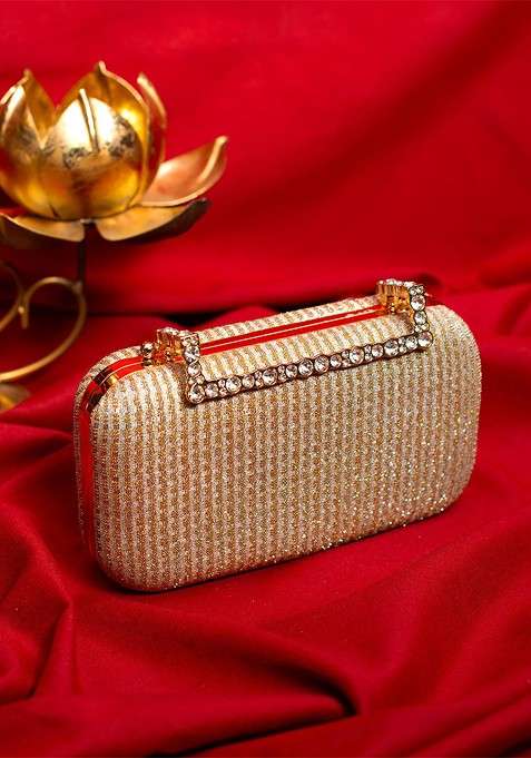 Beige Satin Embellished Box Clutch