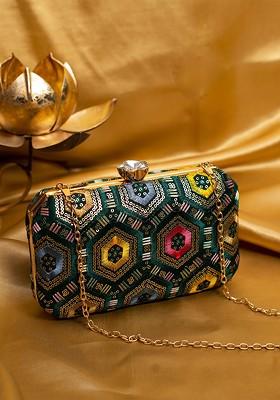 Green Satin Embroidered Box Clutch