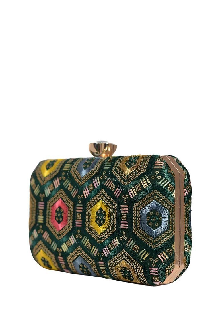 Green Satin Embroidered Box Clutch - Indya