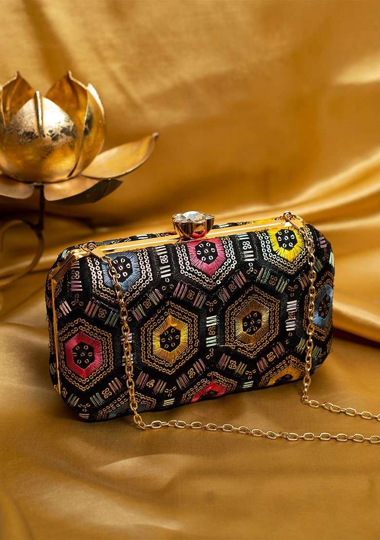 Black Satin Embroidered Box Clutch - Indya